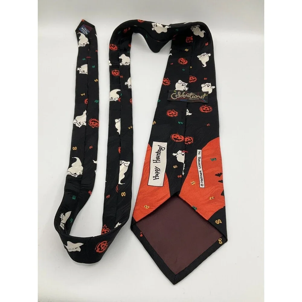 Vintage Hallmark Celebrations Halloween Tie 56 x 4 Ghosts Pumpkins Haunted House